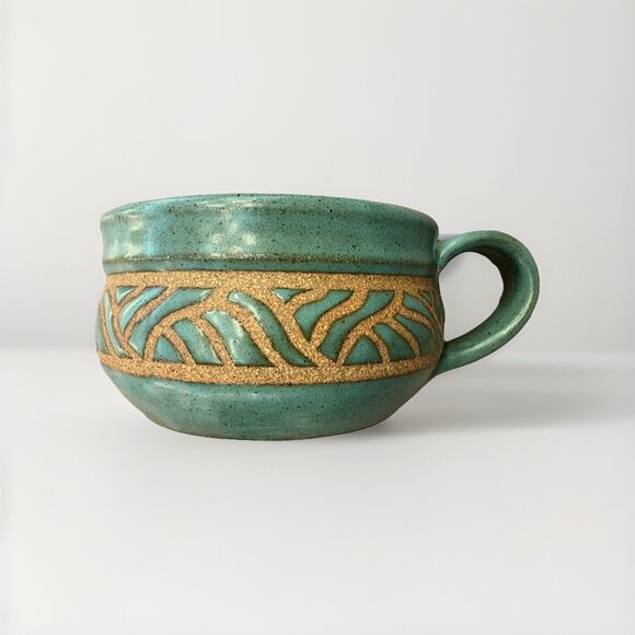 Peggy VRANA Studio Pottery Teal Wax Resist 1980s Large Soup Mug RARE Stoneware - Picture 2 of 6